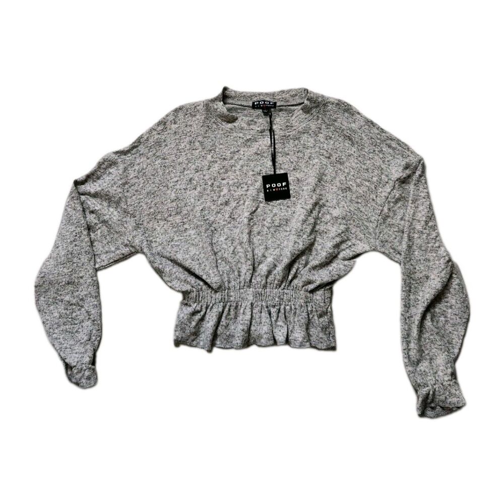 NWT Poof New York Elastic Cinched Waist Sweater Crewneck Heather Gray Soft Sz S